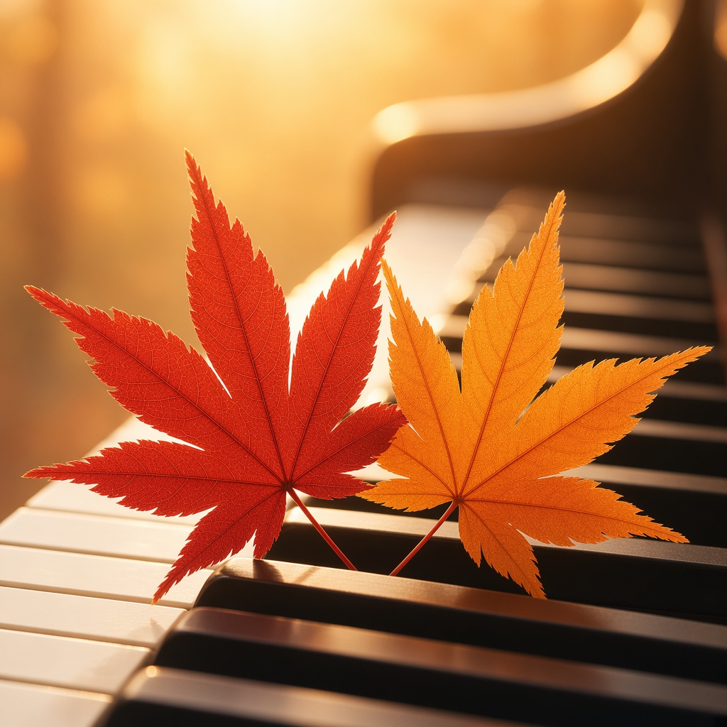 鍵盤の上に並んだ二枚の紅葉